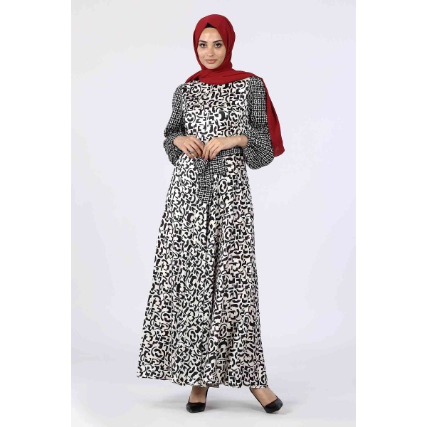 Tekbir Square Pattern Belted Dress