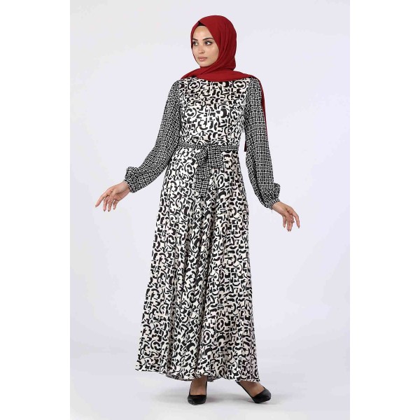 Tekbir Square Pattern Belted Dress