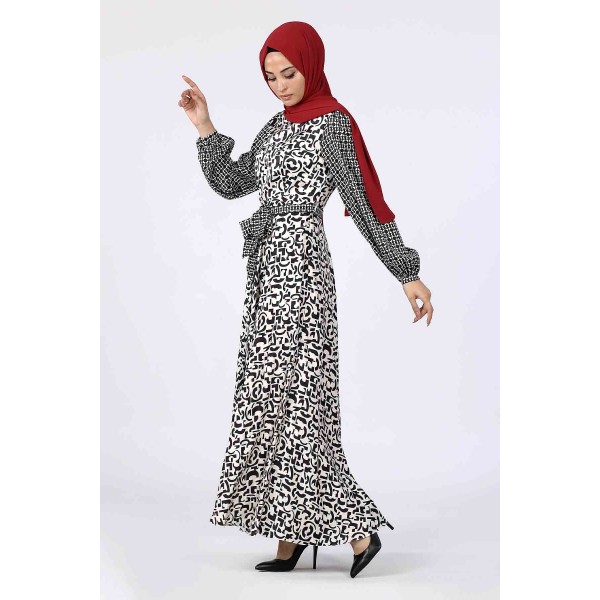 Tekbir Square Pattern Belted Dress