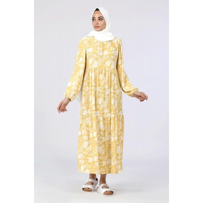 Tekbir Floral Patterned Dress With Elastic Sleeves