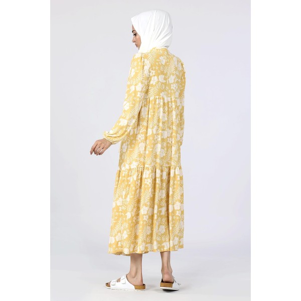 Tekbir Floral Patterned Dress With Elastic Sleeves