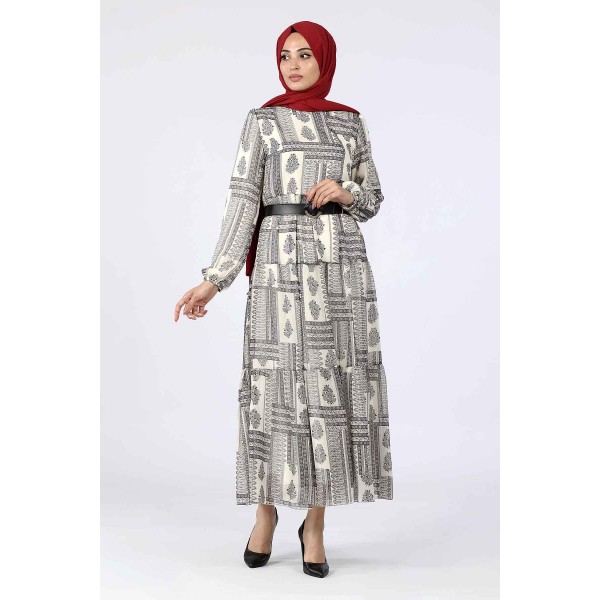 Tekbir Aşk Şima Square Stripe Patterned Floral Dress