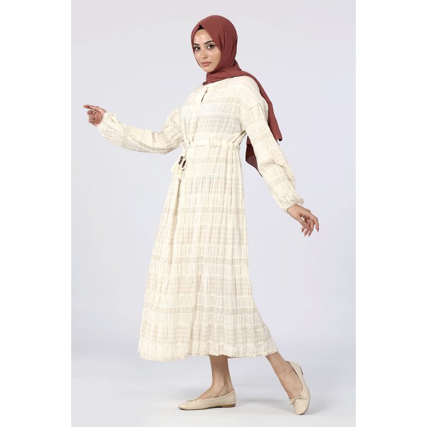 Tekbir Ikoll Tassel Detail Sleeve Elastic Dress Beige