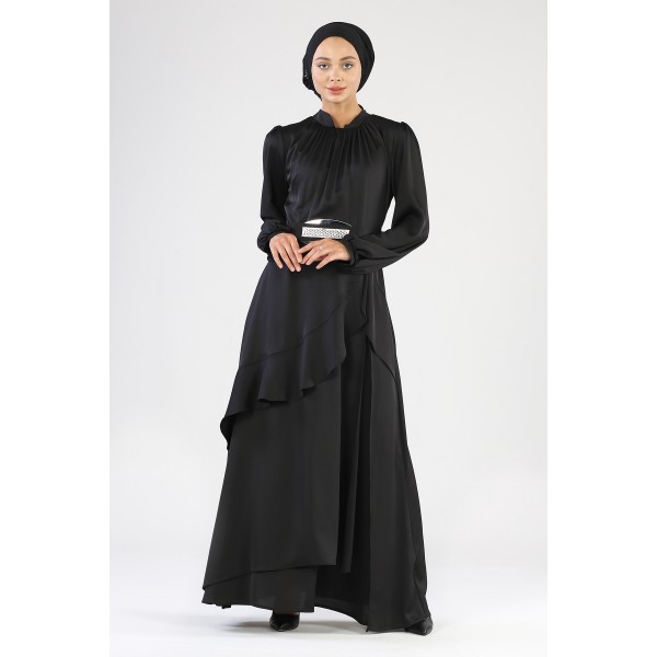 Tekbir Belted Evening Dress Black