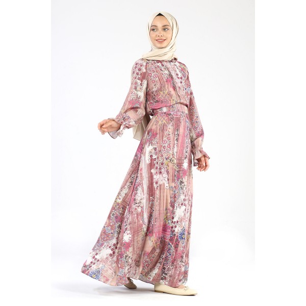 Tekbir Floral Patterned Chiffon Dress Red