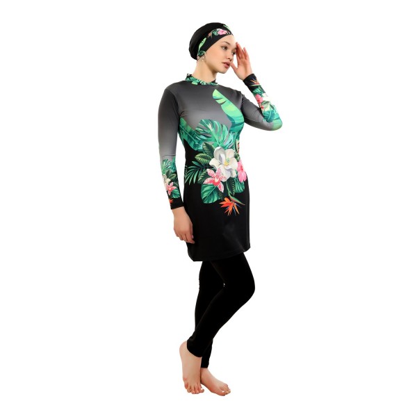 Mayo Burkini Floral Design Swimwear - Black