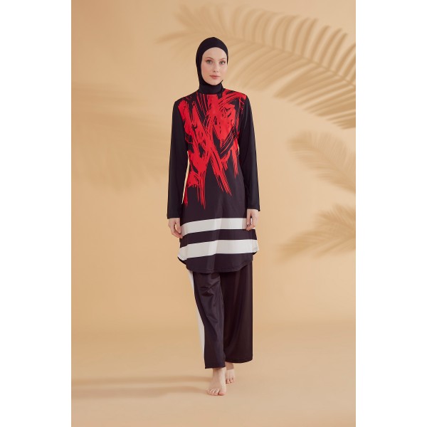 Mayo burkini Marina Patterned Black Full Closed Hijab Swimsuit M2303