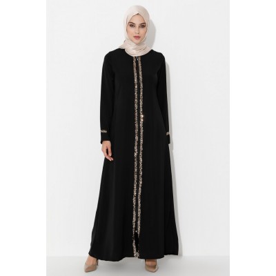 Filizzade Woman Abaya Unlined Crew neck Sequin Detailed 