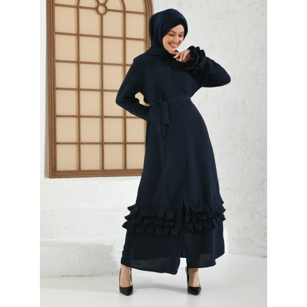 Filizzade Women's Abaya With Belt And Unlined - Round Neck