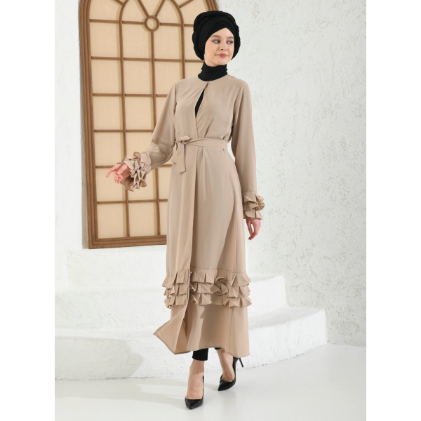 Filizzade Women's Abaya With Belt And Unlined - Round Neck