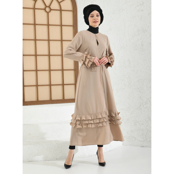 Filizzade Women's Abaya With Belt And Unlined - Round Neck