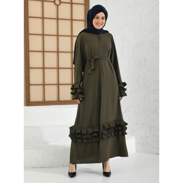 Filizzade Women's Abaya With Belt And Unlined - Round Neck