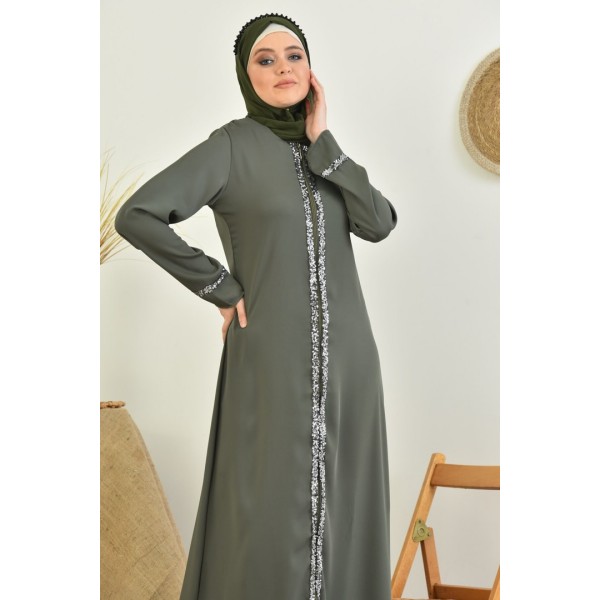 Filizzade Woman Abaya Unlined Crew neck Sequin Detailed