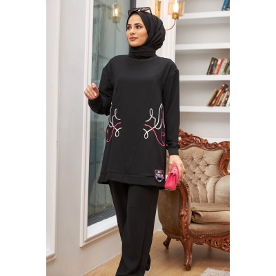 Tekbir Colored Chain Detailed Suit Black