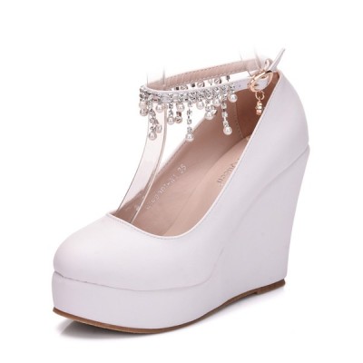 أحذية الزفاف المرأة Leatherette إسفين كعب مغلق منصة مضخات أسافين أحذية الزفاف المرأة Leatherette إسفين كعب مغلق منصة مضخات أسافين