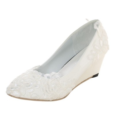 أحذية الزفاف المرأة براءات الاختراع الجلود إسفين كعب مغلق مضخات خياطة الدانتيل مع زهرة (ق) أحذية الزفاف المرأة براءات الاختراع الجلود إسفين كعب مغلق مضخات خياطة الدانتيل مع زهرة (ق)