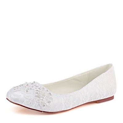 Wedding Shoes Women's Lace Silky Satin Flat Heel Closed Toe Flats With Sequins Sewing