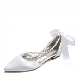 Wedding Shoes Women's Satin Flat Heel Closed Toe Flats Sandals With Pearl