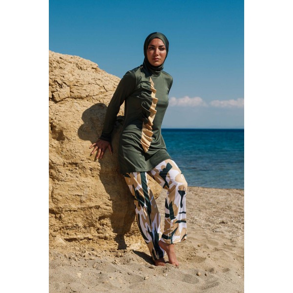 Mayo burkini  Rivamera Women's Khaki Flywheel Design Patterned Hijab Swimsuit R1105