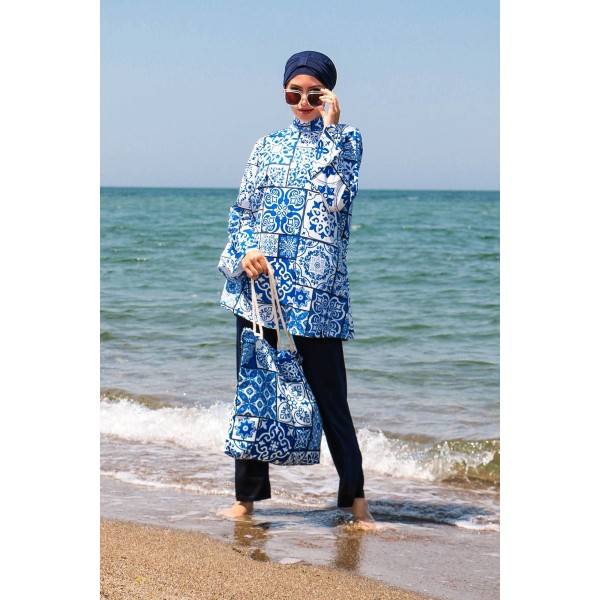 Mayo burkini Marina Navy Blue Tile Pattern Design Fully Covered Hijab Swimsuit 1950