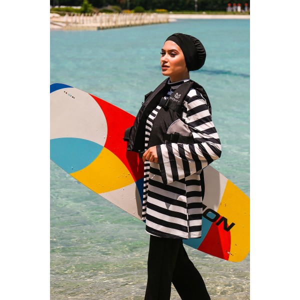 Mayo burkini Marina Black and White Striped Design Fully Covered Hijab Swimsuit 1951