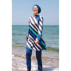 Mayo burkini Marina Navy Blue Striped Design Fully Covered Hijab Swimsuit 1953