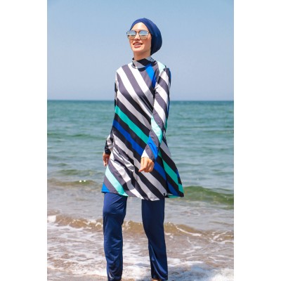 Mayo burkini Marina Navy Blue Striped Design Fully Covered Hijab Swimsuit 1953