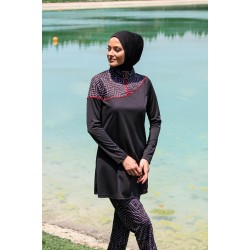 Rivamera مايوه بوركيني سباحة حجاب سوداء منقوشة R1117 Rivamera مايوه بوركيني سباحة حجاب سوداء منقوشة R1117