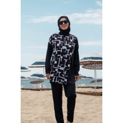 Rivamera مايوة بوركيني للسباحة بحجاب سوداء منقوشة R1113 Rivamera مايوة بوركيني للسباحة بحجاب سوداء منقوشة R1113