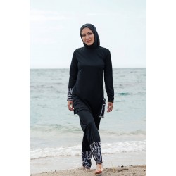 Rivamera مايوه بوركيني سباحة حجاب سوداء منقوشة R1114 Rivamera مايوه بوركيني سباحة حجاب سوداء منقوشة R1114