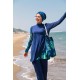 Mayo burkini Marina Navy Blue Women's Leaf Pattern Detailed Design 3 Piece Hijab Swimsuit M2125