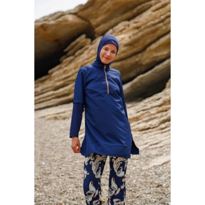 Mayo burkini Marina Navy Blue Women's Leaf Patterned Design Hijab Swimsuit M2260