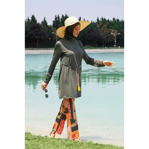 Mayo burkini Marina Khaki Women's Waist Tie Detailed Patterned Design Hijab Swimsuit M2226