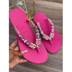 Fuchsia women slippers decorated with different colored stones Fuchsia women slippers decorated with different colored stones
