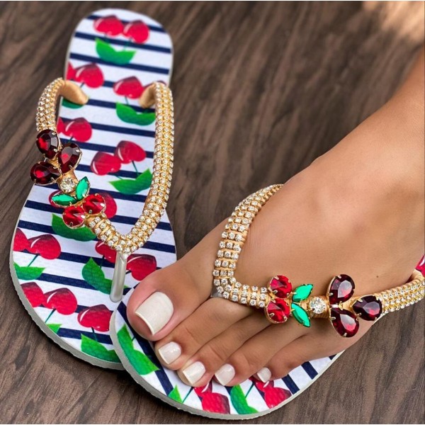 White women slippers, decorated with red and green, decorated with stones