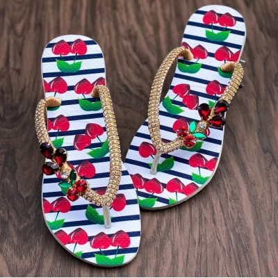 White women slippers, decorated with red and green, decorated with stones