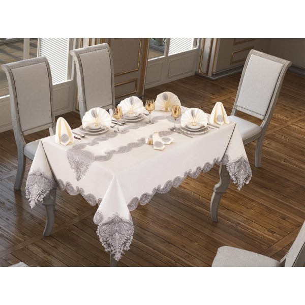 Luxury tablecloth Verna Table Cloth 160x260 Cm 26 Pieces Cream Silver